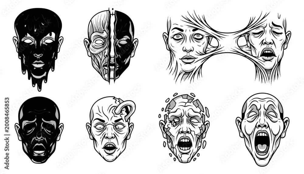 Fototapeta premium Abstract faces depicting emotion and transformation monochrome art