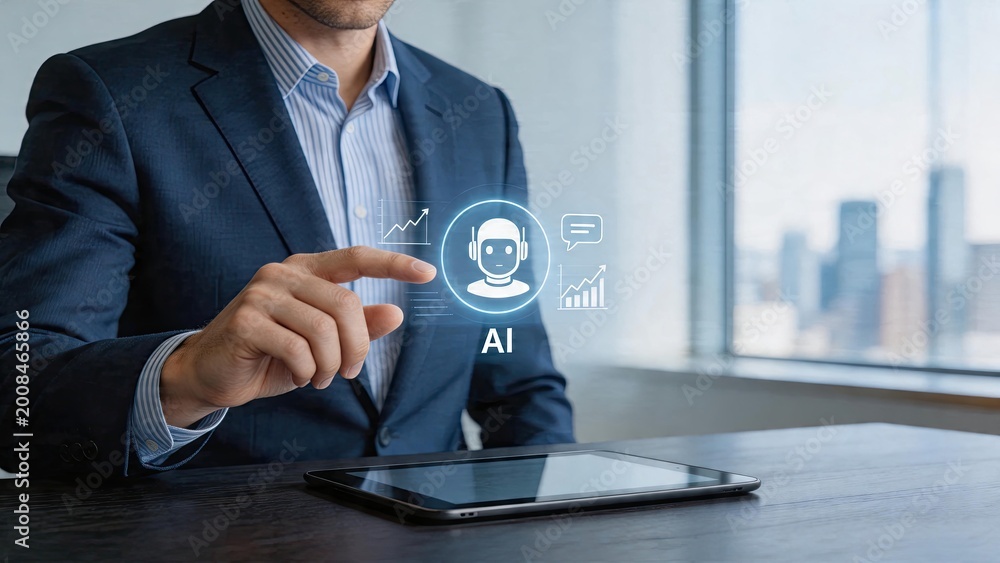 Fototapeta premium Businessman interacting with holographic artificial intelligence interface smart tablet technology futuristic digital workspace data analysis charts machine learning concepts AI