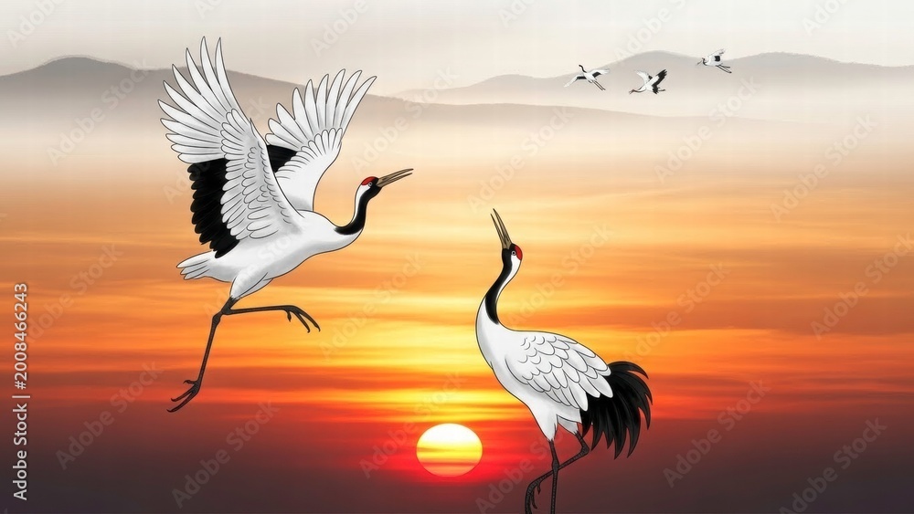 Naklejka premium Crane Serenity: A pair of majestic cranes, with graceful posture, takes flight against the serene backdrop of a misty horizon at dusk, embodying tranquility.
