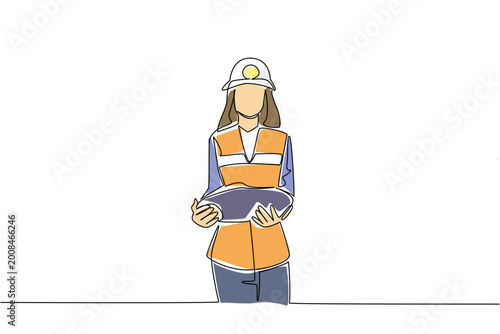 One line drawing presents a confident woman holding a raw mineral stone hat for an industry concept. This graphic illustration perfectly suits an International Women in Mining Day web post.