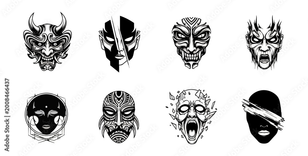 Fototapeta premium Collection of stylized face masks against a dark background
