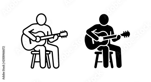 Tableau sur toile Musician Playing Guitar Icon Set, Simple Figure Silhouette, Acoustic Instrument