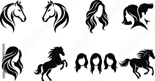 Foto Horse and female hairstyle silhouettes set with long hair beauty fashion and ani