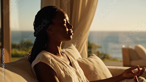 Woman meditating on sofa in modern living room with ocean view
