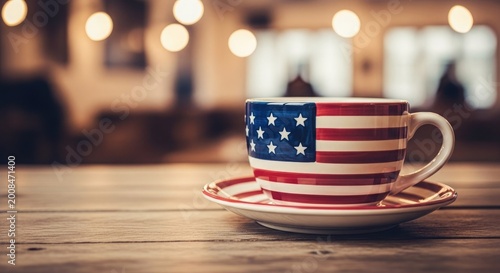 Independence day celebration american flag mug on wooden table