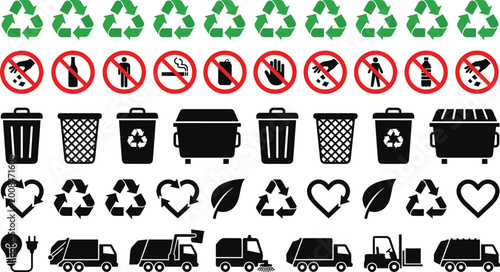 Comprehensive collection of recycling symbols waste management icons garbage trucks and forbidden littering signs for environmental ecology and sustainable green projects
