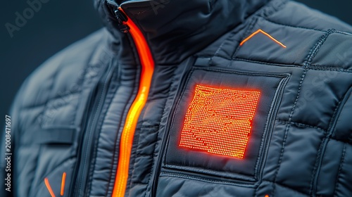 Futuristic Smart Jacket with Neon Interface Design on Dark Background