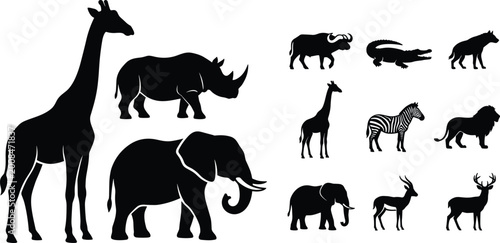 Foto Safari animal silhouettes collection featuring giraffe, elephant, rhinoceros, ze