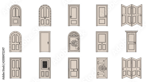 Large set of fifteen different door designs including traditional wooden doors, arched entries, folding doors, and a vault safe.