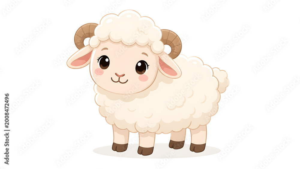 Obraz premium Cartoon sheep with curly wool and horns in a cute playful style on a white background for childrens illustrations.