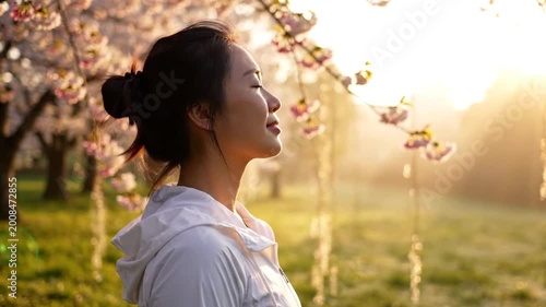 Peaceful woman standing barefoot under cherry blossoms at sunrise