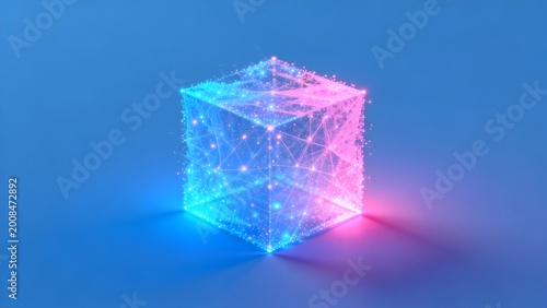 Glowing geometric cube with network connections