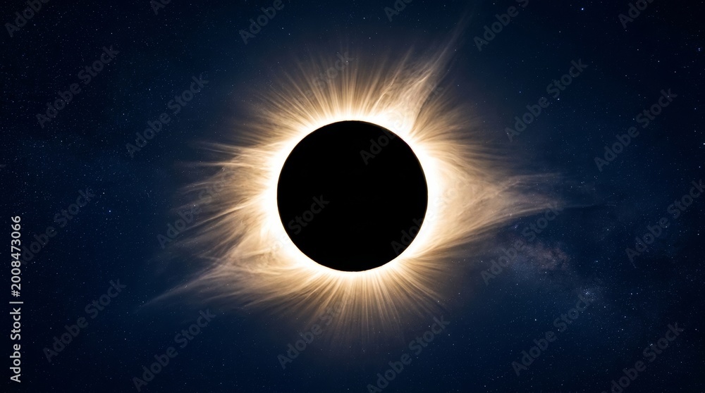 Fototapeta premium The phenomenon of a total solar eclipse with glare of light on the remaining segments of the boundary line