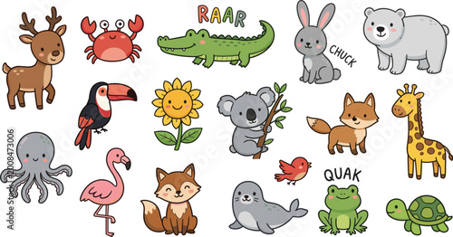 Canvas Print Charming Animal Collection Featuring Bear, Giraffe, Frog, Flamingo, Koala, and M