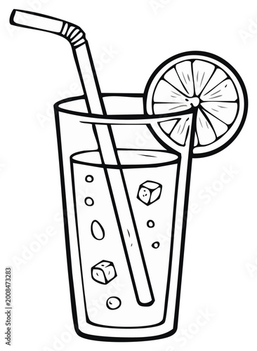 Refreshing Drink Illustration with Ice, Straw, and Citrus Garnish in Outline Style for Food and Beverage Art