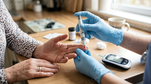 A healthcare professional takes a blood sample from a senior's finger.