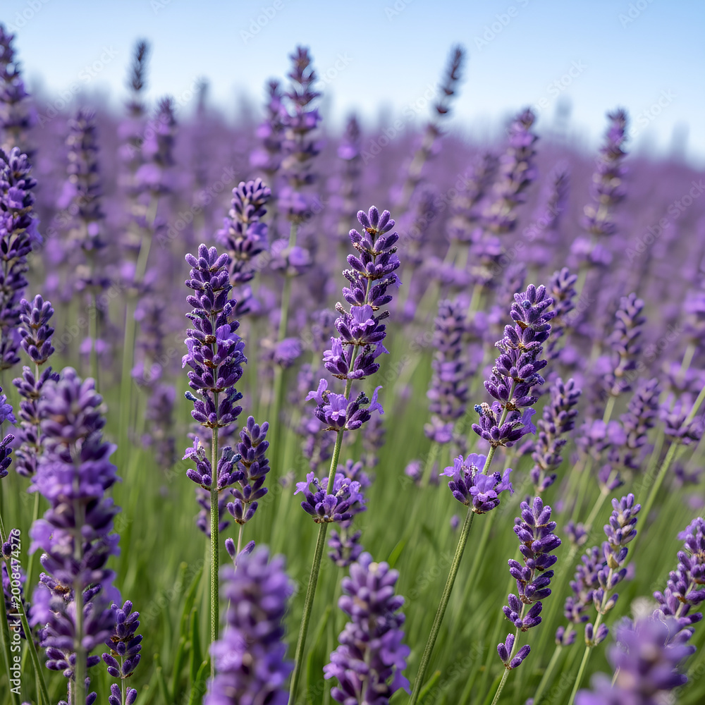 Obraz premium Vibrant lavender field in full bloom under a bright summer sky.
