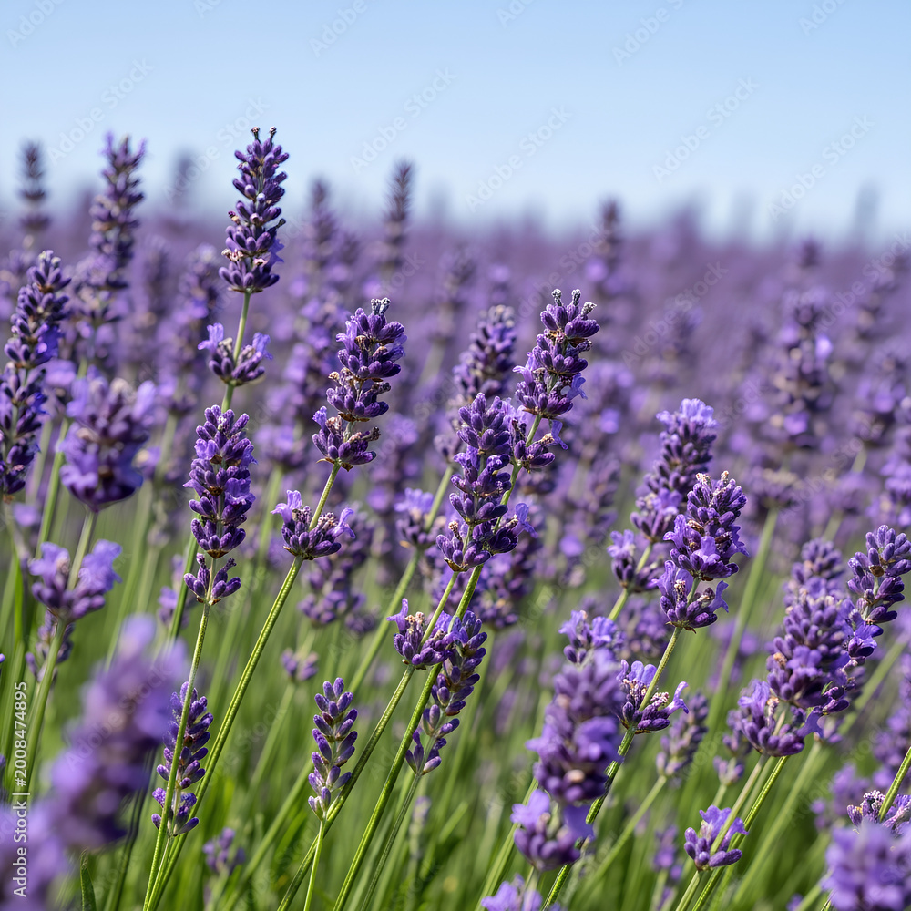 Obraz premium Vibrant Lavender Field Under a Clear Blue Sky A Picturesque Scene.