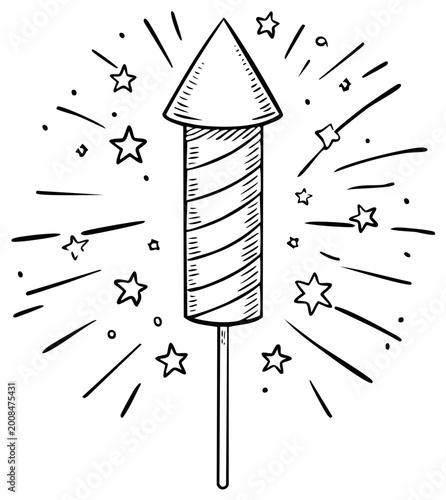 Hand drawn illustration of a single firework rocket exploding with stars and light rays