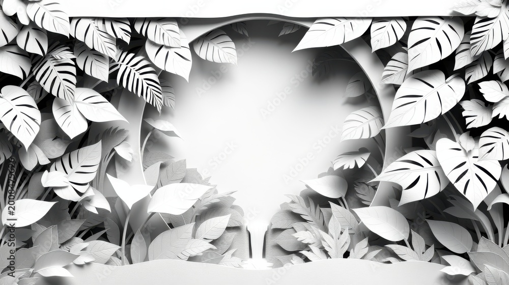 Fototapeta premium Paper foliage frames bright center. Tropical leaves create tunnel effect. Minimalist design, black white tones dominate composition.