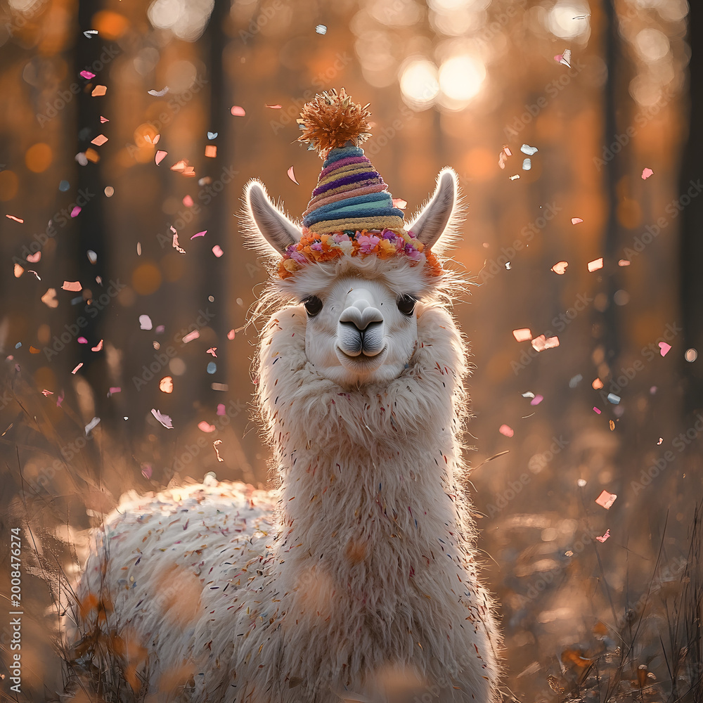 Fototapeta premium Llama Wearing Colorful Hat in Autumn Forest
