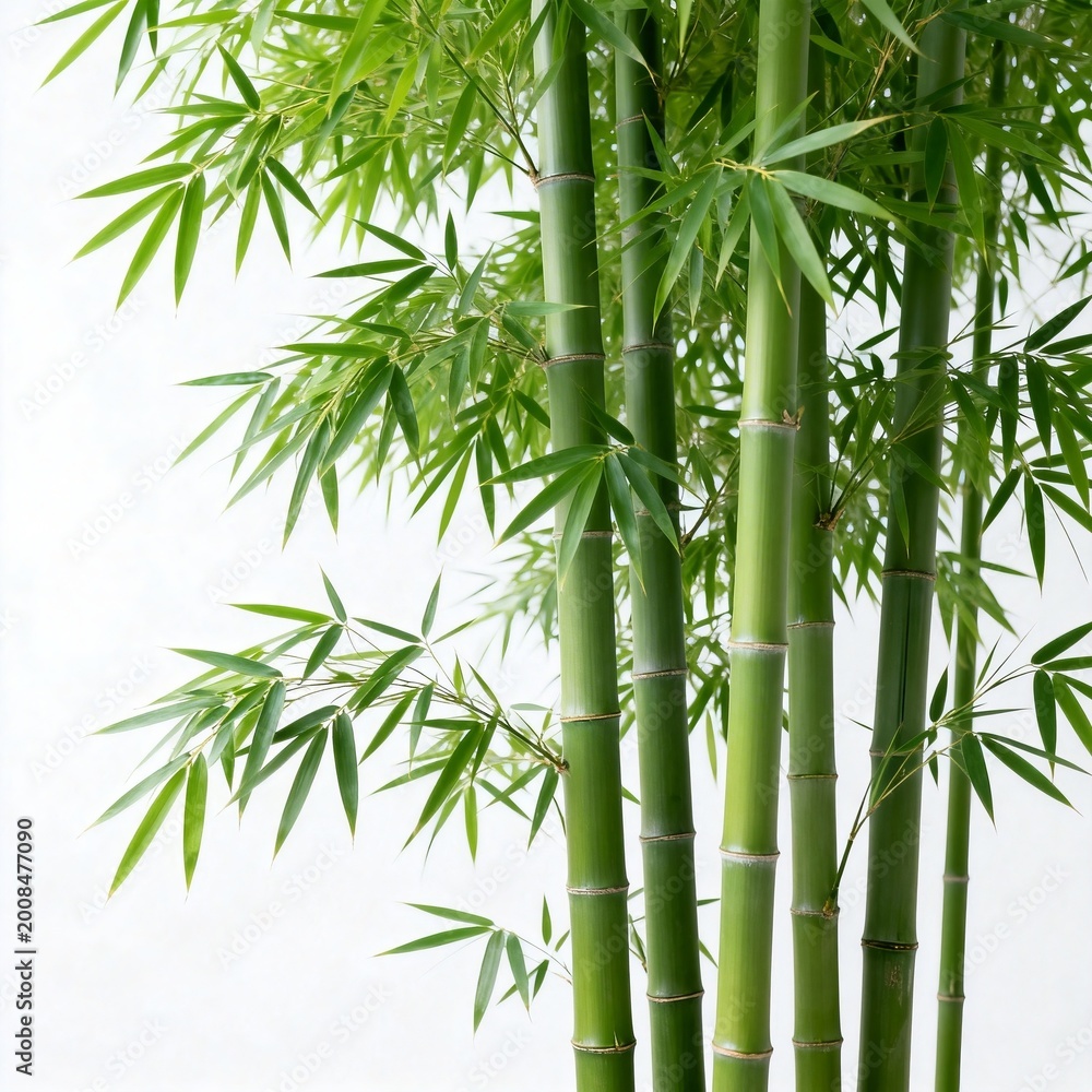 Naklejka premium Green Bamboo Stalks with Fresh Leaves Against White Background