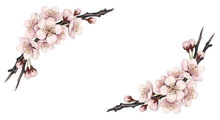 Hand-painted watercolor cherry blossom branches corner frame border