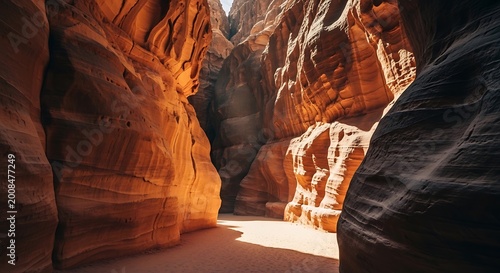 Scenic desert sandstone canyon with sunlight illuminating orange rock walls