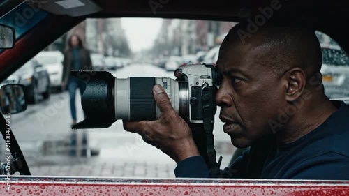 Man taking a photo with a large camera lens from inside a red car on a city street