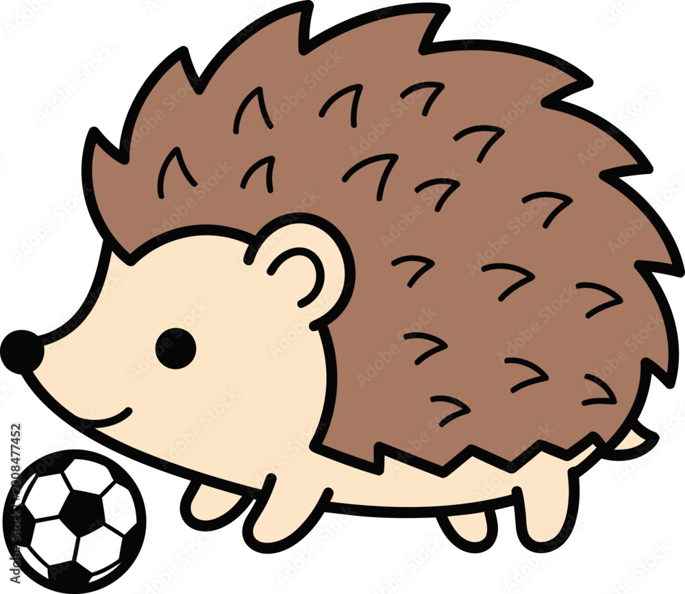 Fototapeta premium Cartoon hedgehog playing with soccer ball.