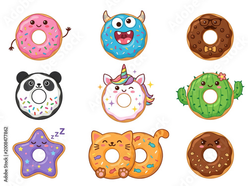 Set of cute cartoon donuts with different characters and toppings on transparent background. Sweet pastry collection with funny faces, animals and creatures. Food sticker set for design.