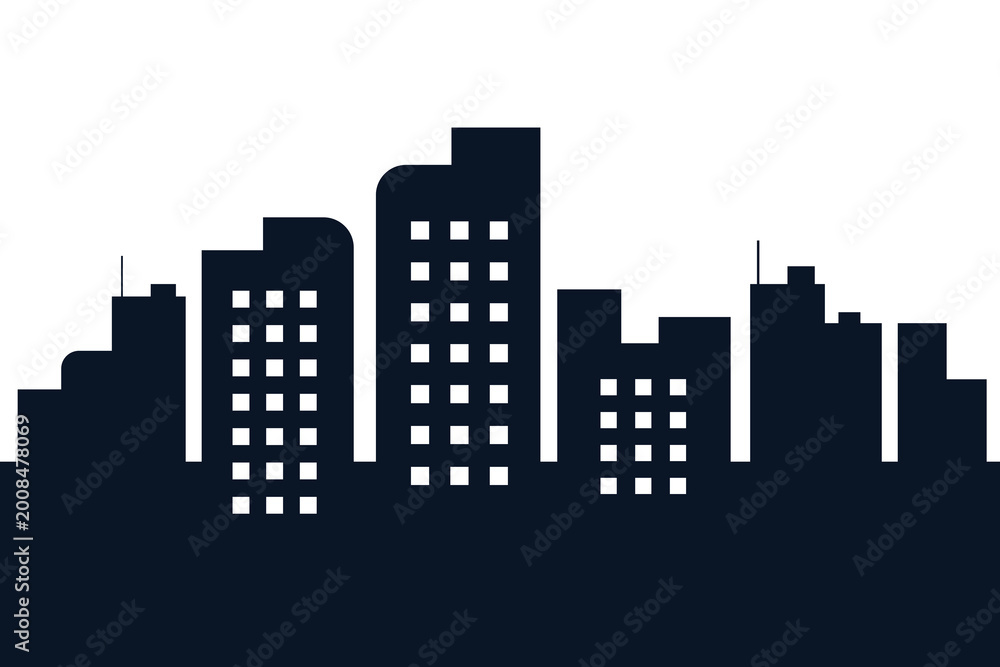Fototapeta premium Modern city skyline silhouette with windows cityscape black vector illustration isolated on white background