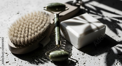 Grooming Tools and Soap Display on Textured Surface
