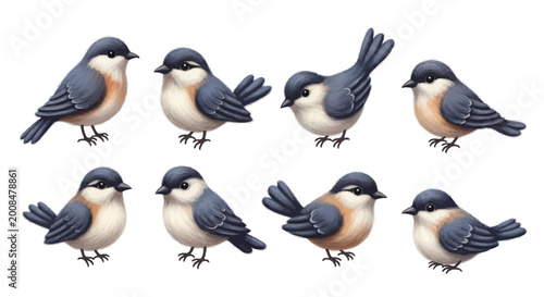 Eight cute cartoon birds with blue-grey feathers and light brown bellies in various poses on a white background.