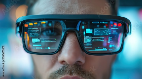 Wearable augmented reality glasses overlaying contextual information onto real-world objects and people, enhancing everyday interactions and navigation.  