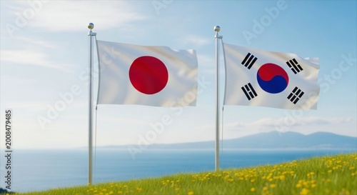 Flags of japan and south korea waving on poles in a field of yellow flowers by the ocean on a sunny day with blue sky