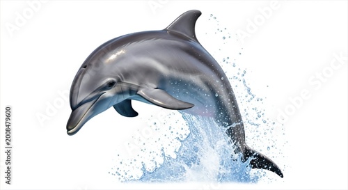 A dolphin jumping out of the water with a splash isolated on white background