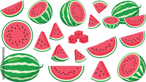 Bild auf Leinwand Watermelon Fruit Collection with Whole Melons, Slices, Halves, and Cubes for Sum
