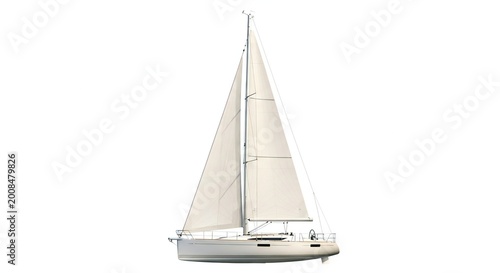 A white sailboat with large beige sails isolated on white background sailing on calm waters with a clear blue sky
