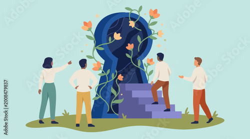 Tableau sur toile Diverse group exploring a keyhole portal adorned with flowers and steps