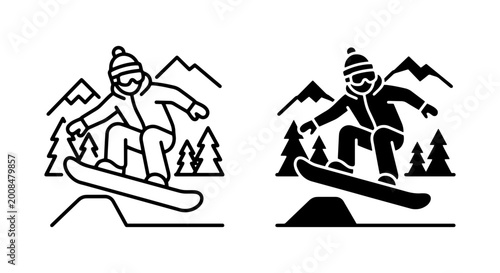 Foto two snowboarder silhouettes in black and white outline style on different backgr