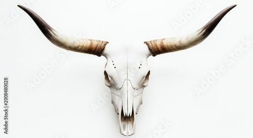 A white bull skull with large horns on isolated white background