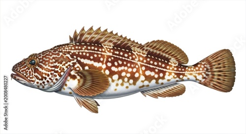 A large lingcod fish with brown and white spots on its body isolated on white background