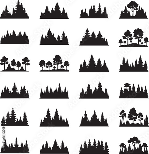 Tree outdoor travel black silhouette coniferous natural badges, tops pine spruce branch cedar and plant leaf abstract stem drawing vector