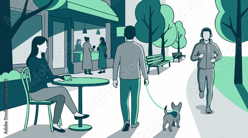 Photos Everyday urban scene with diverse activities in a park and cafe setting
