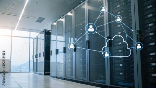 Modern data center with server racks connected by a digital cloud network illustration symbolizing cloud computing and data sharing.