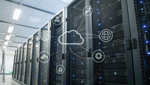Rows of server racks in a data center with cloud computing and network connection icons overlayed, indicating digital data management and cloud technology.