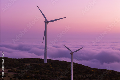 Wind farm above cloud layer on Madeira mountains, sustainable electricity generation infrastructure