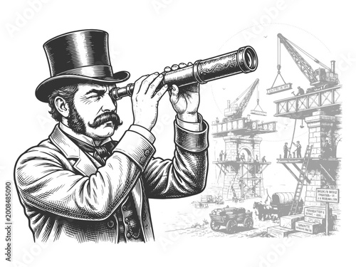 Victorian man using a telescope to inspect industrial bridge construction with cranes, workers, and scaffolding sketch engraving generative ai vector illustration. Scratch board. Black and white image