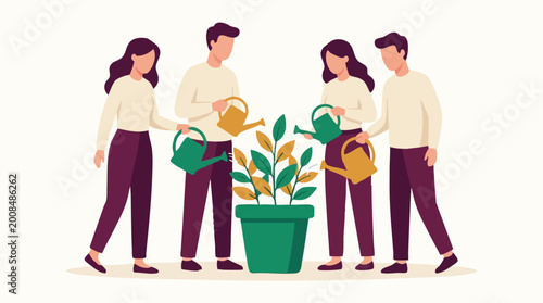 Tableau sur toile Teamwork and collaboration in nurturing growth with watering cans